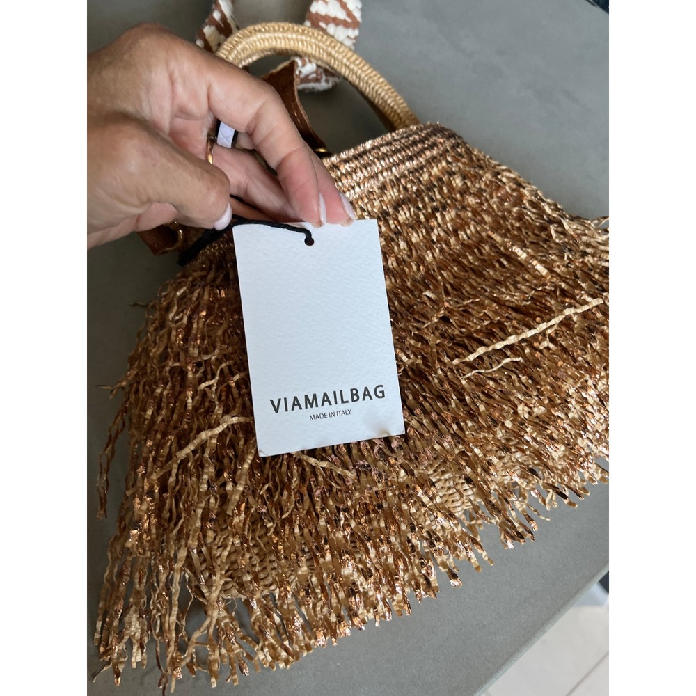 ViaMailBag Italy Rose Gold Glitter Fringe Straw Bucket Bag Boho Summer Festival - Picture 5 of 16